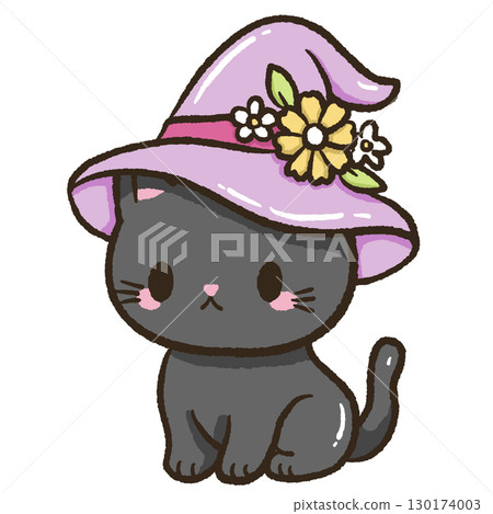 Kawaii black cat wearing floral witch hat illustration halloween pastel spooky doodle design for journaling scrapbooking stickers party invitations magical fall decor and cozy witchy crafts Kawaii black cat wearing floral witch hat illustration halloween pastel spooky doodle design for journaling scrapbooking stickers party invitations magical fall decor and cozy witchy crafts 130174003