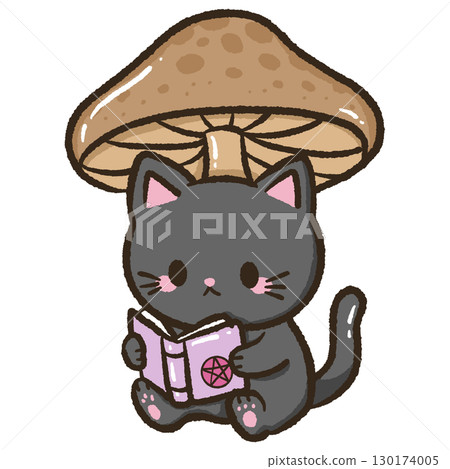 Magical Kawaii Black Cat Reading Spellbook Under Mushroom, Cozy Cottagecore Witch Familiar Art, Autumn Forest Halloween Cat Illustration, Cute Wicca Black Cat Clipart 130174005