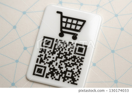 QR Shopping Cart Sticker for Mobile Checkout on Network Pattern Background 130174033