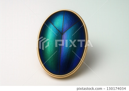 Iridescent Beetle Elytra Brooch in Polished Gold Bezel on Neutral Background 130174034