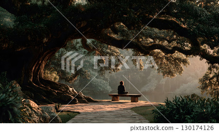 A peaceful moment of a person sitting quietly under a large tree with no devices, embracing nature. Ideal for wellness, mindfulness, and slow living themes. 130174126