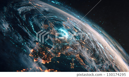 A futuristic satellite collecting climate data from Earth with glowing interface overlays. Perfect for science, tech, and environmental awareness content. 130174295