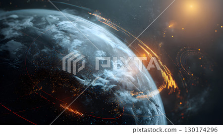 A futuristic satellite collecting climate data from Earth with glowing interface overlays. Perfect for science, tech, and environmental awareness content. 130174296