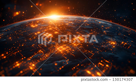 A futuristic satellite collecting climate data from Earth with glowing interface overlays. Perfect for science, tech, and environmental awareness content. 130174307