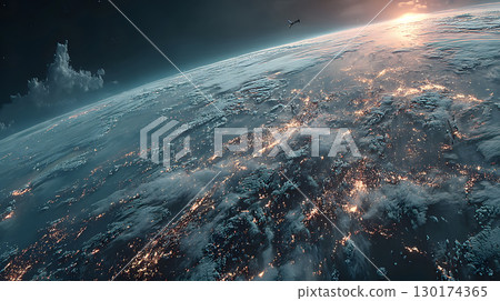 A futuristic satellite collecting climate data from Earth with glowing interface overlays. Perfect for science, tech, and environmental awareness content. A futuristic satellite collecting climate data from Earth with glowing interface overlays. Perfect for science, tech, and environmental awareness content. 130174365