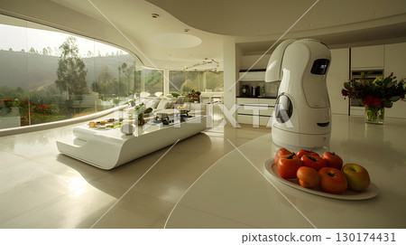 A modern AI-powered kitchen with robotic arms preparing meals in a clean and futuristic space. Ideal for smart home, kitchen tech, and lifestyle content. 130174431