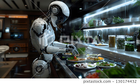 A modern AI-powered kitchen with robotic arms preparing meals in a clean and futuristic space. Ideal for smart home, kitchen tech, and lifestyle content. 130174432