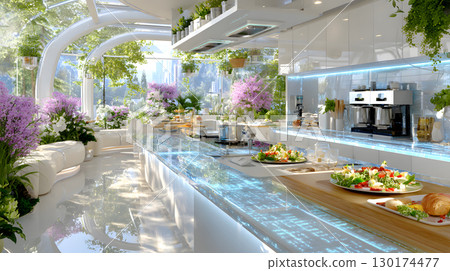 A modern AI-powered kitchen with robotic arms preparing meals in a clean and futuristic space. Ideal for smart home, kitchen tech, and lifestyle content. 130174477