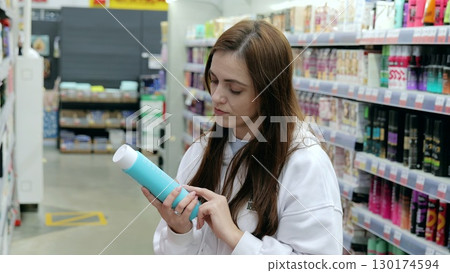 Young woman shopping for cosmetics, attentively checking ingredients and information on shampoo bottle in a brightly lit supermarket aisle Young woman shopping for cosmetics, attentively checking ingredients and information on shampoo bottle in a brightly lit supermarket aisle 130174594