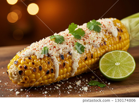 Elote Mexicano Grilled Corn with Chili, Cotija, and Lime 130174806