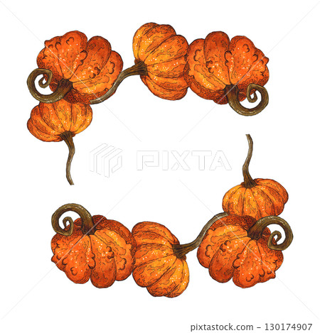 Square frame of orange pumpkins. Hand drawn illustration with watercolor and ink. Drawing for poster, print, scrapbooking. Autumn, harvest, vegetables, food, diet, vitamins Square frame of orange pumpkins. Hand drawn illustration with watercolor and ink. Drawing for poster, print, scrapbooking. Autumn, harvest, vegetables, food, diet, vitamins 130174907