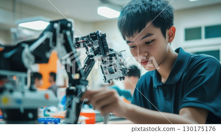 Young Robotics Engineer Working on Robotic Arm 130175176
