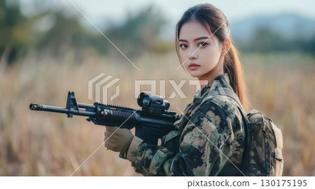 Female Soldier with Rifle in Field 130175195