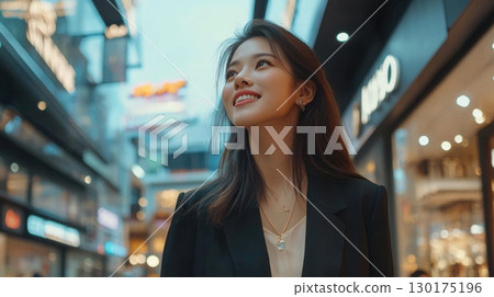 Stylish Young Woman in City at Night 130175196