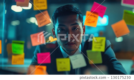 Overwhelmed Businessman Amidst Sticky Notes Overwhelmed Businessman Amidst Sticky Notes 130175230