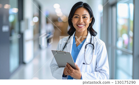 一位面帶微笑的女醫生站在醫院走廊裡，手裡拿著病歷 130175290