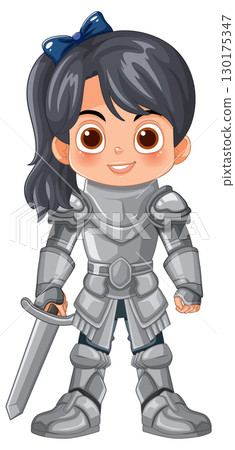 Smiling Girl in Shiny Silver Knight Armor 130175347
