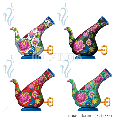 Colorful Floral Teapots with Steam and Wind-Up Keys 130175373