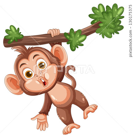 Cartoon Monkey Hanging From Tree Branch Illustration 130175375