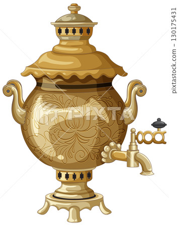 Traditional Russian Samovar with Ornate Floral Engraving 130175431