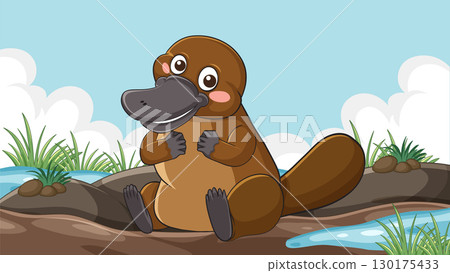 Cartoon Platypus Sitting by a Pond on a Sunny Day Cartoon Platypus Sitting by a Pond on a Sunny Day 130175433