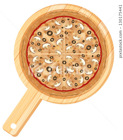 Vegetarian Pizza with Mushrooms and Olives on Wooden Board 130175441