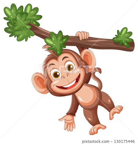 Smiling Cartoon Monkey Hanging From Tree Branch 130175446