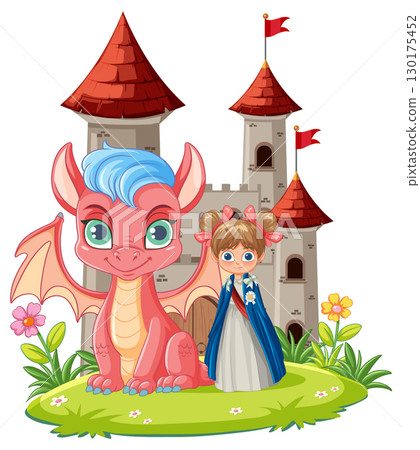 Princess and Friendly Dragon in Front of Castle 130175452