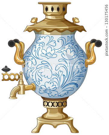 Traditional Russian Samovar with Blue Floral Ornament Traditional Russian Samovar with Blue Floral Ornament 130175456