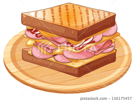 Grilled Ham and Cheese Sandwich on Wooden Plate 130175457