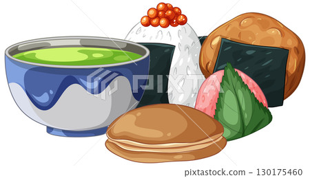 Traditional Japanese Snacks and Matcha Tea Vector Illustration 130175460