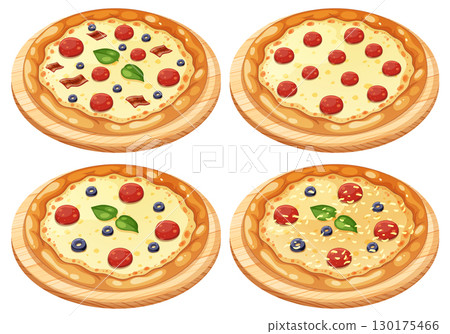 Four Varieties of Pizza on Wooden Boards Illustration Four Varieties of Pizza on Wooden Boards Illustration 130175466