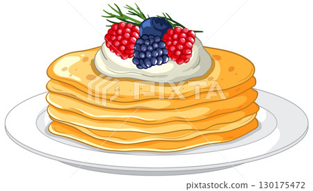 Stack of Pancakes with Cream and Fresh Berries Stack of Pancakes with Cream and Fresh Berries 130175472