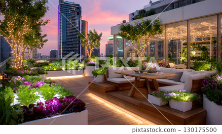 An AI-assisted rooftop garden with smart sensors and hydroponics setup growing fresh vegetables under warm light. Ideal for eco-tech and smart cities. 130175500