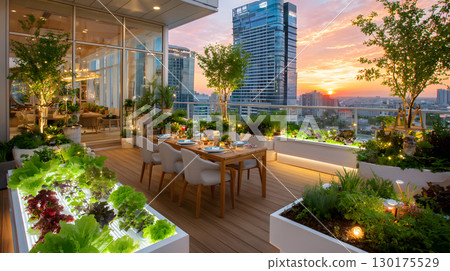 An AI-assisted rooftop garden with smart sensors and hydroponics setup growing fresh vegetables under warm light. Ideal for eco-tech and smart cities. 130175529