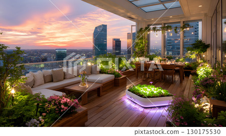 An AI-assisted rooftop garden with smart sensors and hydroponics setup growing fresh vegetables under warm light. Ideal for eco-tech and smart cities. 130175530