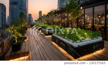 An AI-assisted rooftop garden with smart sensors and hydroponics setup growing fresh vegetables under warm light. Ideal for eco-tech and smart cities. 130175563
