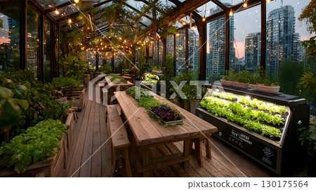 An AI-assisted rooftop garden with smart sensors and hydroponics setup growing fresh vegetables under warm light. Ideal for eco-tech and smart cities. 130175564
