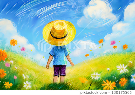 一個戴著草帽的男孩站在夏日花田裡 130175565