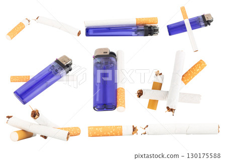 Broken Cigarette with Tobacco Spilling Out on White Background 130175588