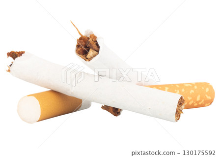Broken Cigarette with Tobacco Spilling Out on White Background 130175592
