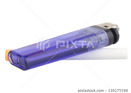 Cigarette and Lighter on White Background Smoking Concept 130175598