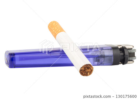 Cigarette and Lighter on White Background Smoking Concept 130175600