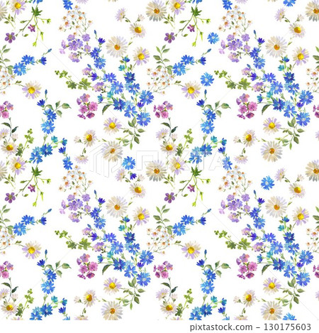 Seamless Wildflower Pattern for Fabric, Wallpaper, and Surface Design , Gouache Painting Style with Daisies and Blue Cornflowers 130175603
