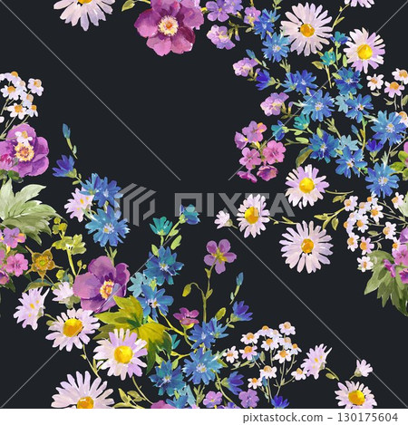 Floral Frame in Gouache Painting Style , Wildflowers, Daisies, and Cornflowers on Dark Background for Fabric, Wallpaper, and Surface Design 130175604