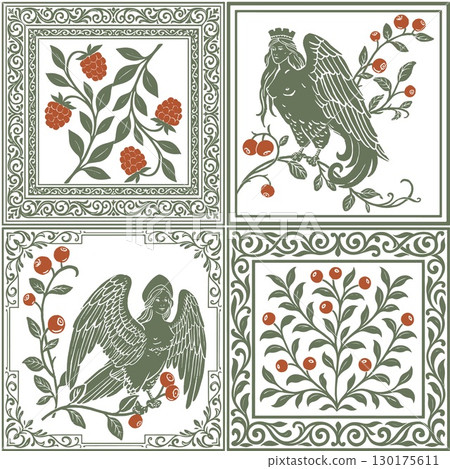 Slavic Mythology Alkonost Bird-Women and Floral Ornaments, Vintage Folk Art Square Tile Pattern with Berries 130175611