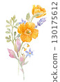 Watercolor Wildflower Bouquet with Yellow Poppies and Lavender Botanical Illustration for Wedding Invitation, Greeting Card, and Decorative Design 130175612