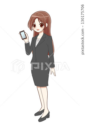 一位身穿西裝、手持智慧型手機的女士 一位身穿西裝、手持智慧型手機的女士 130175706