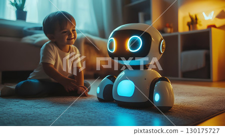 An adorable AI robot pet playing joyfully with a child inside a futuristic yet cozy home. Perfect for tech, toy, and AI product concepts. An adorable AI robot pet playing joyfully with a child inside a futuristic yet cozy home. Perfect for tech, toy, and AI product concepts. 130175727