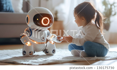 An adorable AI robot pet playing joyfully with a child inside a futuristic yet cozy home. Perfect for tech, toy, and AI product concepts. 130175730
